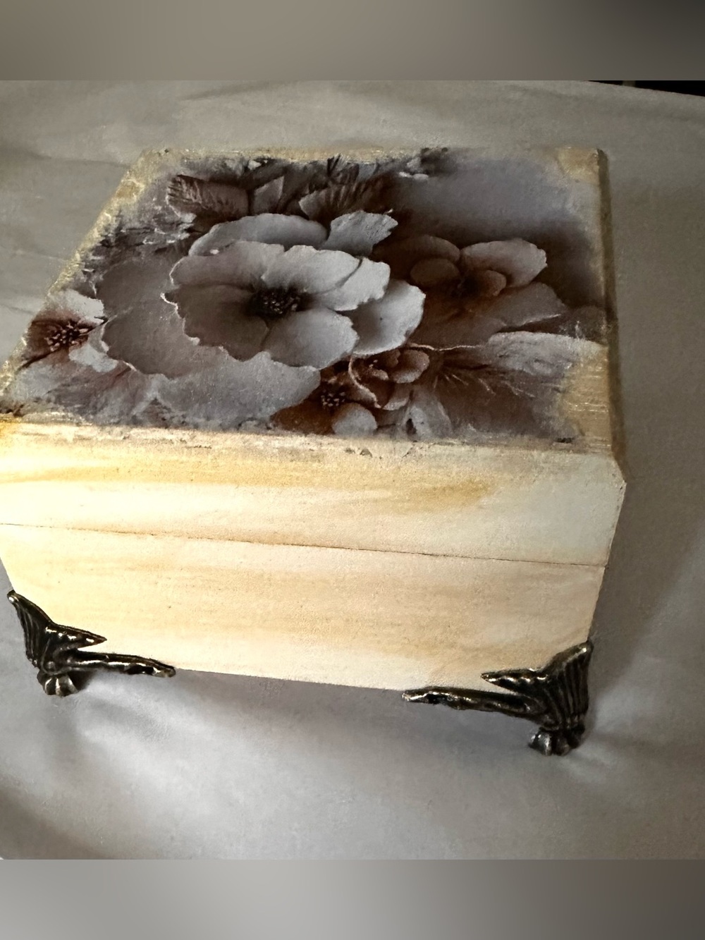 Hand crafted wooden floral trinket box metal corners